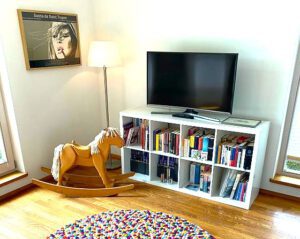 wohnzimmer-buecherregal-tv-schaukelpferd-wohnen-auf-zeit-seeshaupt